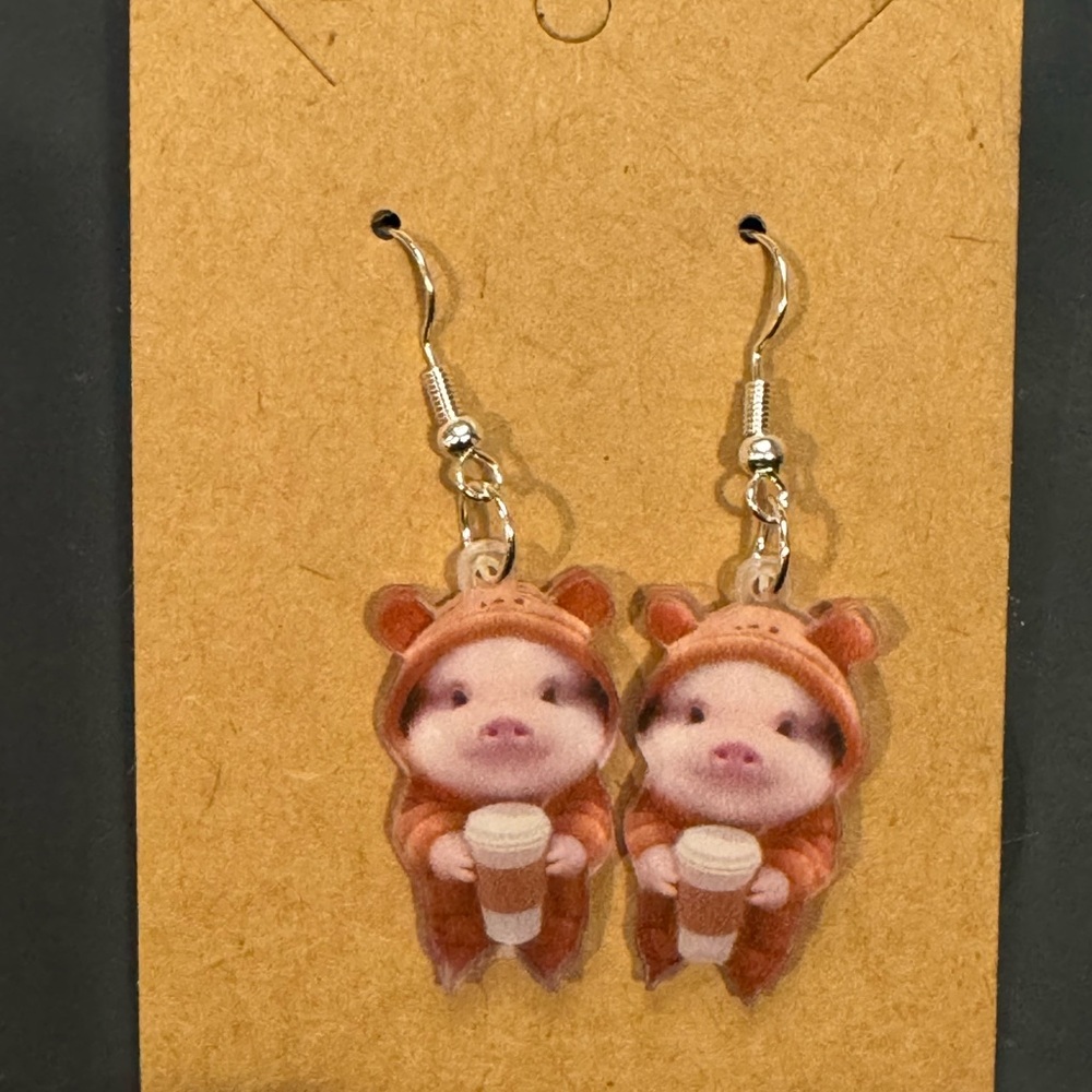 Piggies in onesie drinking coffee earrings